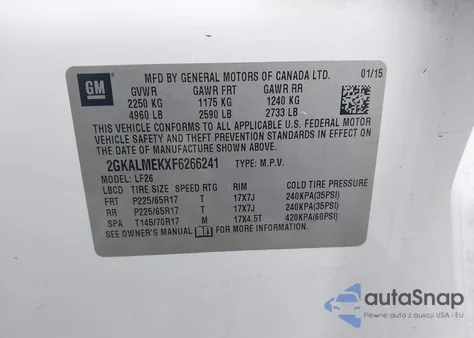 2015 GMC Terrain Sle-1 z USA, uszkodzony, nr VIN 2GKALMEKXF6266241